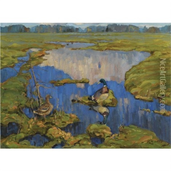 Ducks On A Marsh Oil Painting - Konstantin Semionovich Vysotsky
