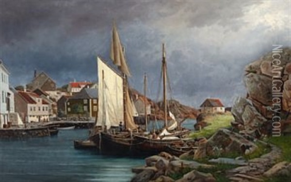 Hus Og Bater I Ny-hellesund Oil Painting - Edvard Skari
