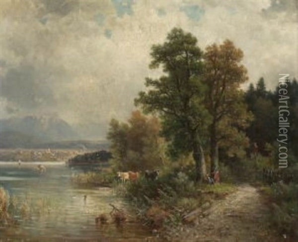 Zwei Rastende Magde Mit Ihren Kuhen Am Ufer Des Starnberger Sees Oil Painting - Ludwig Sckell