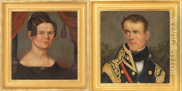 Pair Of Wedding Portraits Of Colonel Butterfield And His Wife Oil Painting - Asahel Lynde Powers