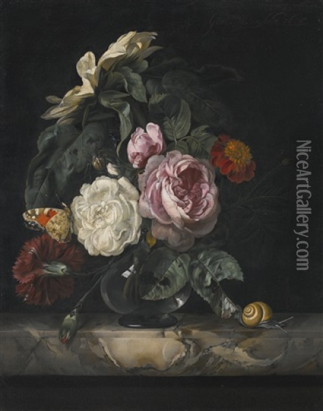 Still Life Of Roses, A Carnation And A Sunflower In A Glass Vase, On A Marble Ledge Oil Painting - Willem Van Aelst