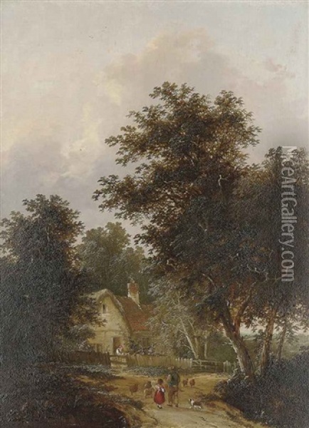 Figures Outside A Cottage (+ Driving Home The Sheep; Pair) Oil Painting - Henry John Boddington