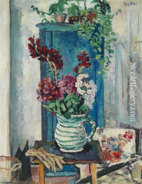 Krug Mit Blumen Vor Einem Blauen Kasten Oil Painting - Robert Kohl