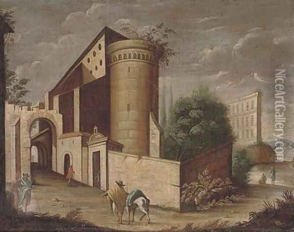 An architectural capriccio with a traveller and his horse Oil Painting - Viviano Codazzi