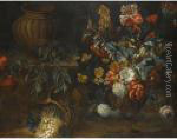 Still Life With A Large Vase Of 
Flowers, An Empty Urn On A Stoneplinth And A Basket Of Flowers Oil Painting - Simon Pietersz. Verelst