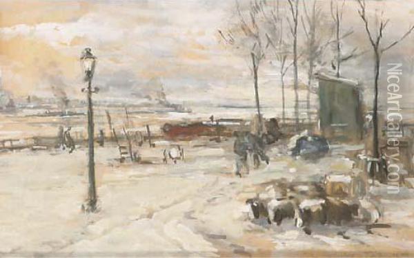 A View Of The Willemskade In Winter, Rotterdam Oil Painting - Johann Hendrik Van Mastenbroek