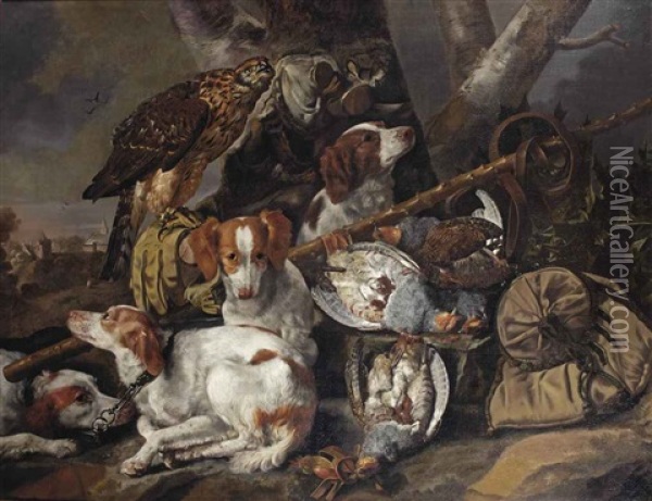 A Hunting Still Life Of Partridges With Four Springer Spaniels, A Hawk, A Game-bag And Belt And Other Hunting Gear In A Landscape Oil Painting - Christiaan Luycks