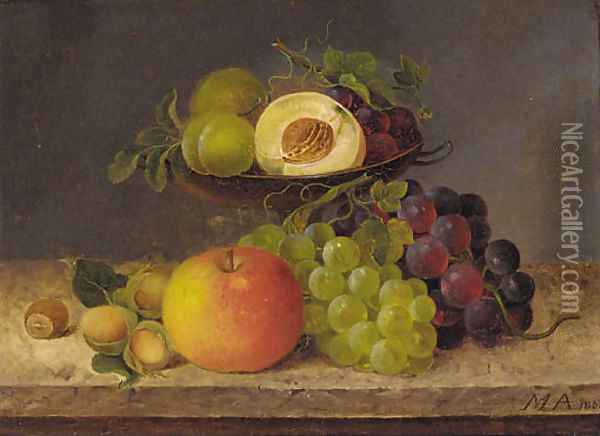 Plums, peaches, grapes in a tazza, and hazelnuts on a ledge alongside Oil Painting - German School