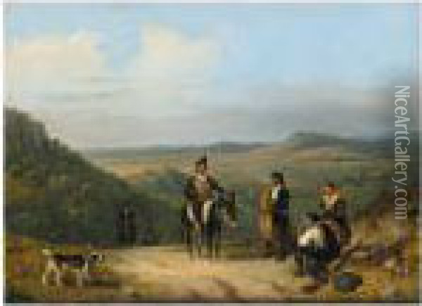 A Moutainous Landscape With Hunters Resting Beside The Road Oil Painting - Guiseppe Canella