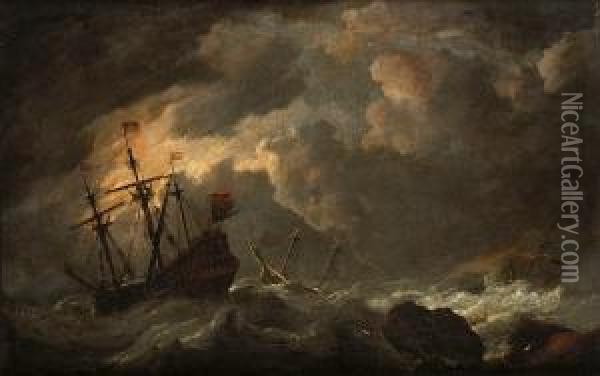 Dutch Shipping In Rough Seas Off A Rocky Coastline Oil Painting - Esaias Van De Velde