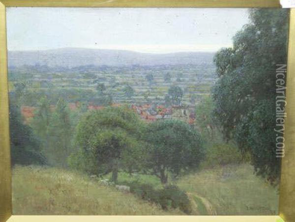 Extensive Landscape With A Distant Village Signed And Dated 