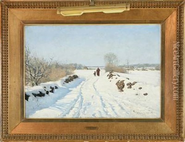 Winter Landscape With Mother And Child On The Road Oil Painting - Sigvard Marius Hansen