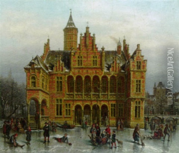 Winter Scene With Skaters In Front Of A Grand Hall Oil Painting - Victor Vervloet