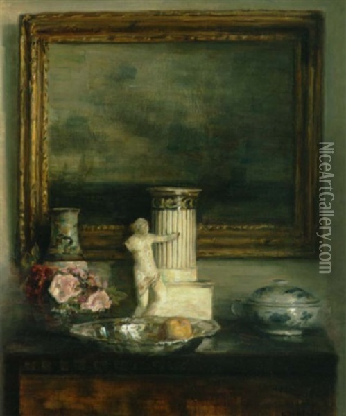 Interior Med Forskellige Pyntegenstande Pa En Kommode Foran Et Maleri Oil Painting - Carl Vilhelm Holsoe