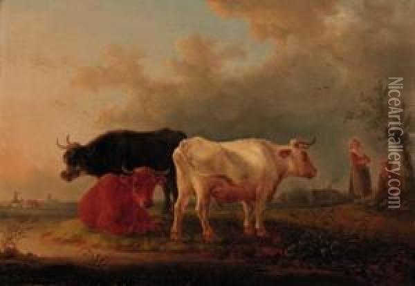 Cattle On A River Bank, Drovers 
Conversing Beyond; And Cattle Andsheep On A River Bank, A Farmstead, 
Shepherd And Travellerbeyond Oil Painting - Jean-Baptiste De Roy