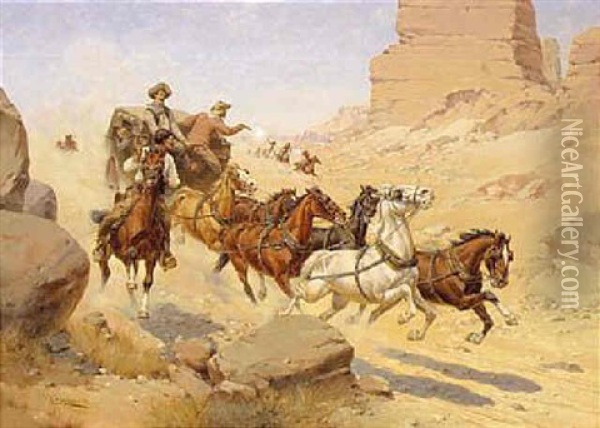 Attack On The Stagecoach Oil Painting - Herman Wendelborg Hansen