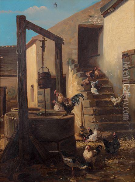 Coq Et Poules Dans Une Basse-cour Au Puits Et A L'escalier Oil Painting - Claude Guilleminet