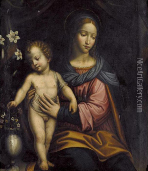 The Madonna And Child With A Vase Of Flowers Oil Painting - Bernardino Luini