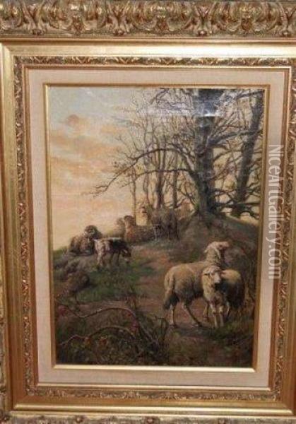 Moutons Au Pre Oil Painting - Jef Louis Van Leemputten