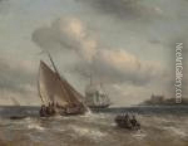 A Dutch Barge Heeling In The Breeze Off The Coast Oil Painting - Antonie Waldorp