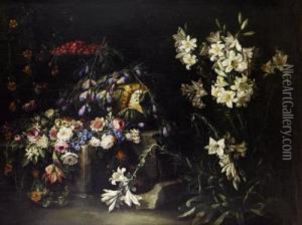 A Still Life Of Lilies, Roses, Tulips Andother Flowers With A Split Melon And A Bowl Of Strawberries Uponruined Stonework Oil Painting - Giuseppe Vincenzino