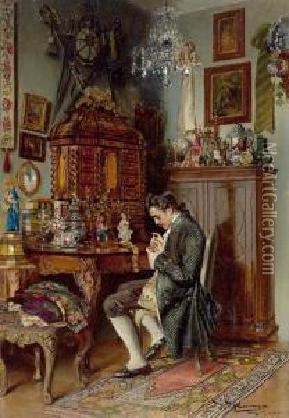Interior With A Young Man. Oil Painting - Johann Hamza