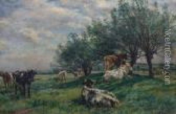 Cattle Resting, Harvesters Beyond Oil Painting - William Mark Fisher