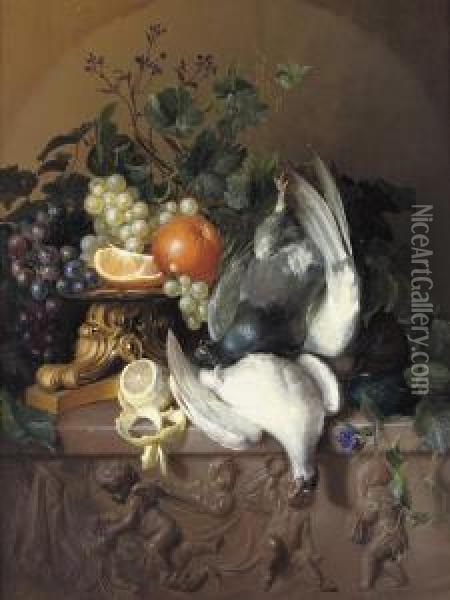 Fruits And Poultry On A Stone Ledge Oil Painting - Giorgius Jacobus J. Van Os