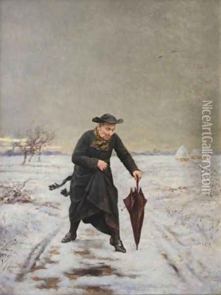 Parish Priest out in the Snow Oil Painting - V. Chevilliard