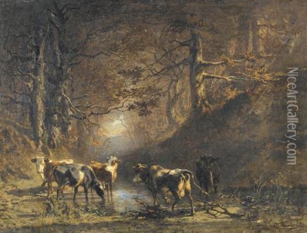 Kuhe An Einer Wasserstelle Auf Einer Waldlichtung. Oil Painting - Charles Humbert