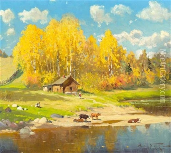 Landschaft Mit Haus Und See Oil Painting - Alexandr Vladimirovich Makovsky