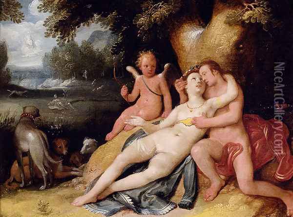 Venis And Adonis With Cupid In A Landscape Oil Painting - Cornelis Cornelisz Van Haarlem