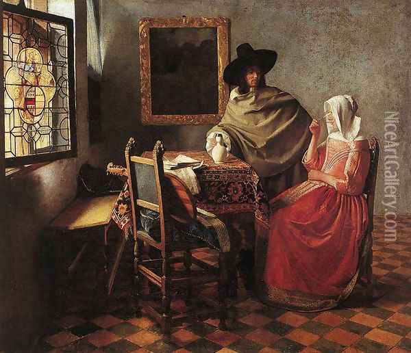 A Lady Drinking and a Gentleman c. 1658 Oil Painting - Jan Vermeer Van Delft