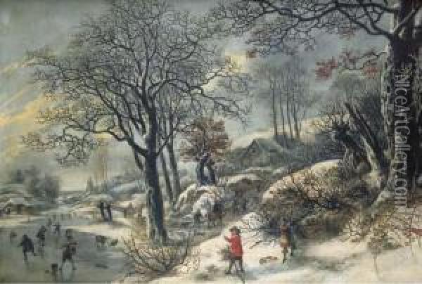 A Frozen River Landscape With Huntsmen And Skaters Oil Painting - Daniel van Heil
