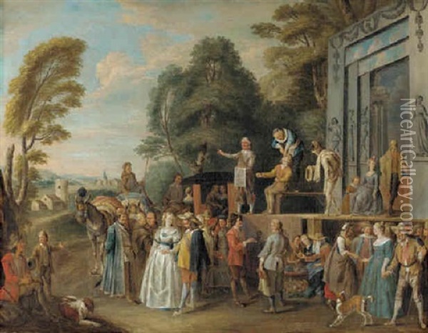 The Charlatans: An Outdoor Theater With A Quack Doctor And An Audience Of Gentry, Monks And Townfolk Oil Painting - Pieter Angillis