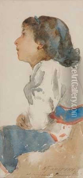 Profile Of A Seated Girl In Local Costume Oil Painting - Modesto Faustini