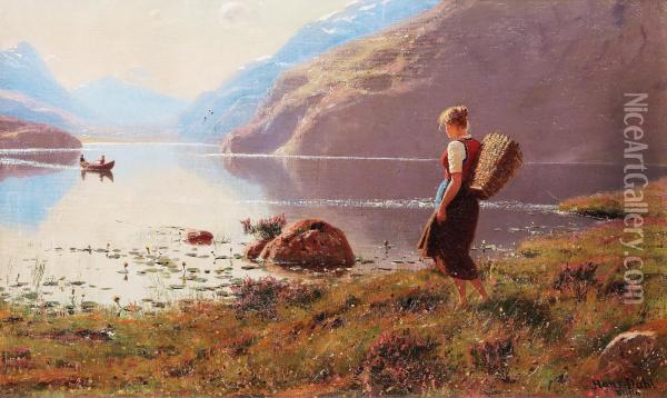 A Young Girl In A Fjordlandscape Oil Painting - Hans Dahl