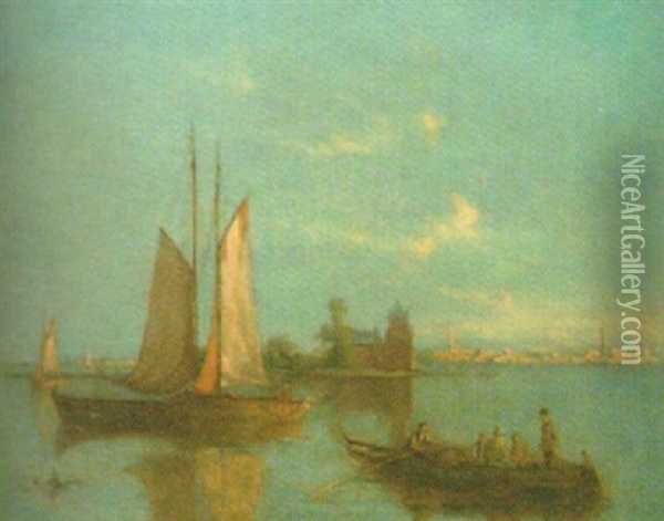 Figures In A Rowing Boat, Town Beyond Oil Painting - William Raymond Dommersen