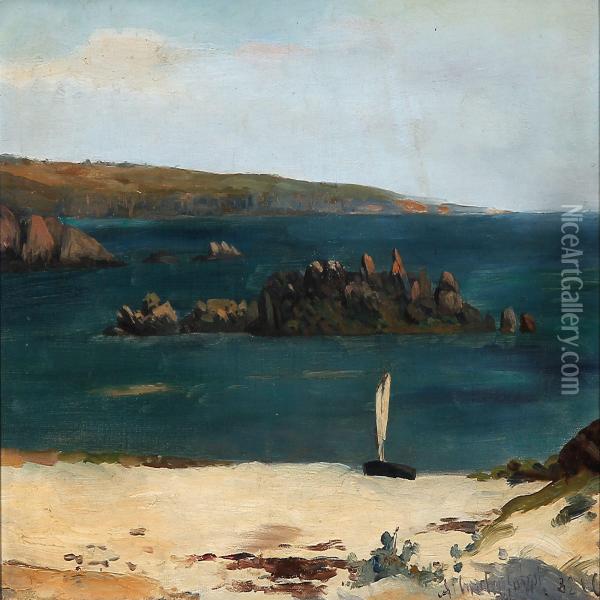 French Coastal Scene With A Sailing Boat On The Shore Oil Painting - Carl Christian E. Carlsen