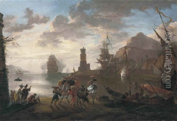 A Coastal Landscape With Sailors Disembarking From An Anchored Boat And Elegant Figures Conversing Oil Painting - Hendrich van Minderhout