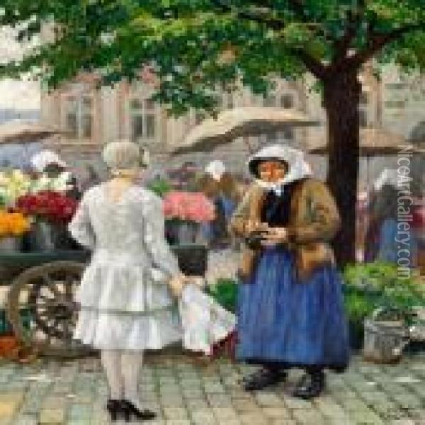 A Young Woman At The Market 1n Hojbro Plads In Copenhagen Oil Painting - Paul-Gustave Fischer