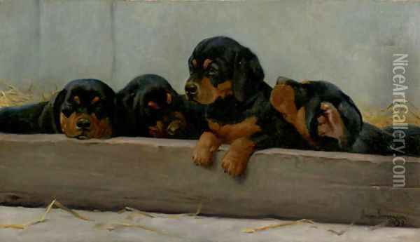 Dachshund Puppies Oil Painting - Niels Simonsen