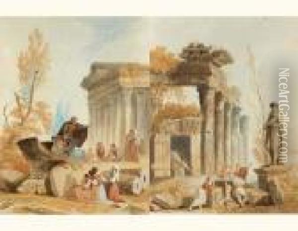 Ruines Antiques Animees De Personnages Oil Painting - Hubert Robert