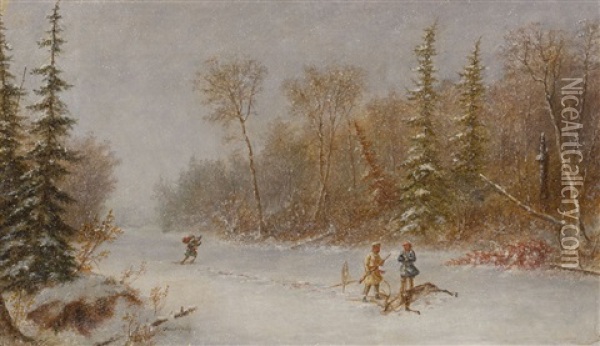 Caribou Hunters In A Winter Snow Storm Oil Painting - Cornelius David Krieghoff