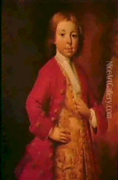 Portrait Of A Boy Standing Three-quarter Length Wearing A   Scarlet Coat And Gold Embroidered Silk Waistcoat... Oil Painting - James Latham