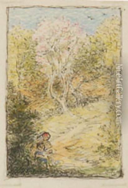 A Spring Landscape With Figures Before A Blossom Tree Oil Painting - Selwyn Image