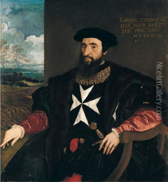 Portrait Of Gabriele Tadino 
(1480-1544), Three-quarter Length Seated, Wearing The Robes Of The Order
 Of The Knights Of Malta, A Landscape With Cannons Beyond Oil Painting - Tiziano Vecellio (Titian)