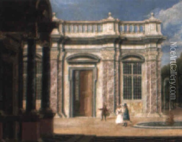 A Palace Courtyard With An Elegant Couple And A Page Oil Painting - Jacob Ferdinand Saeys