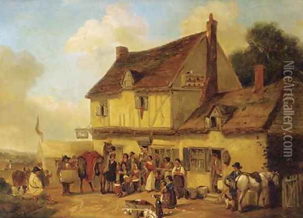 Figures and a camel before the Swan Inn Oil Painting - English School