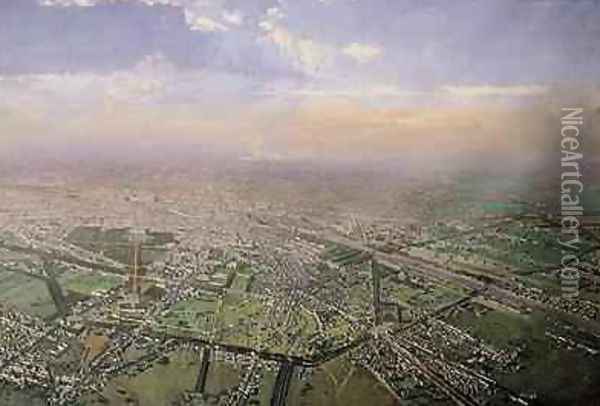 General view of Paris from a hotair balloon 1855 Oil Painting - Victor Navlet